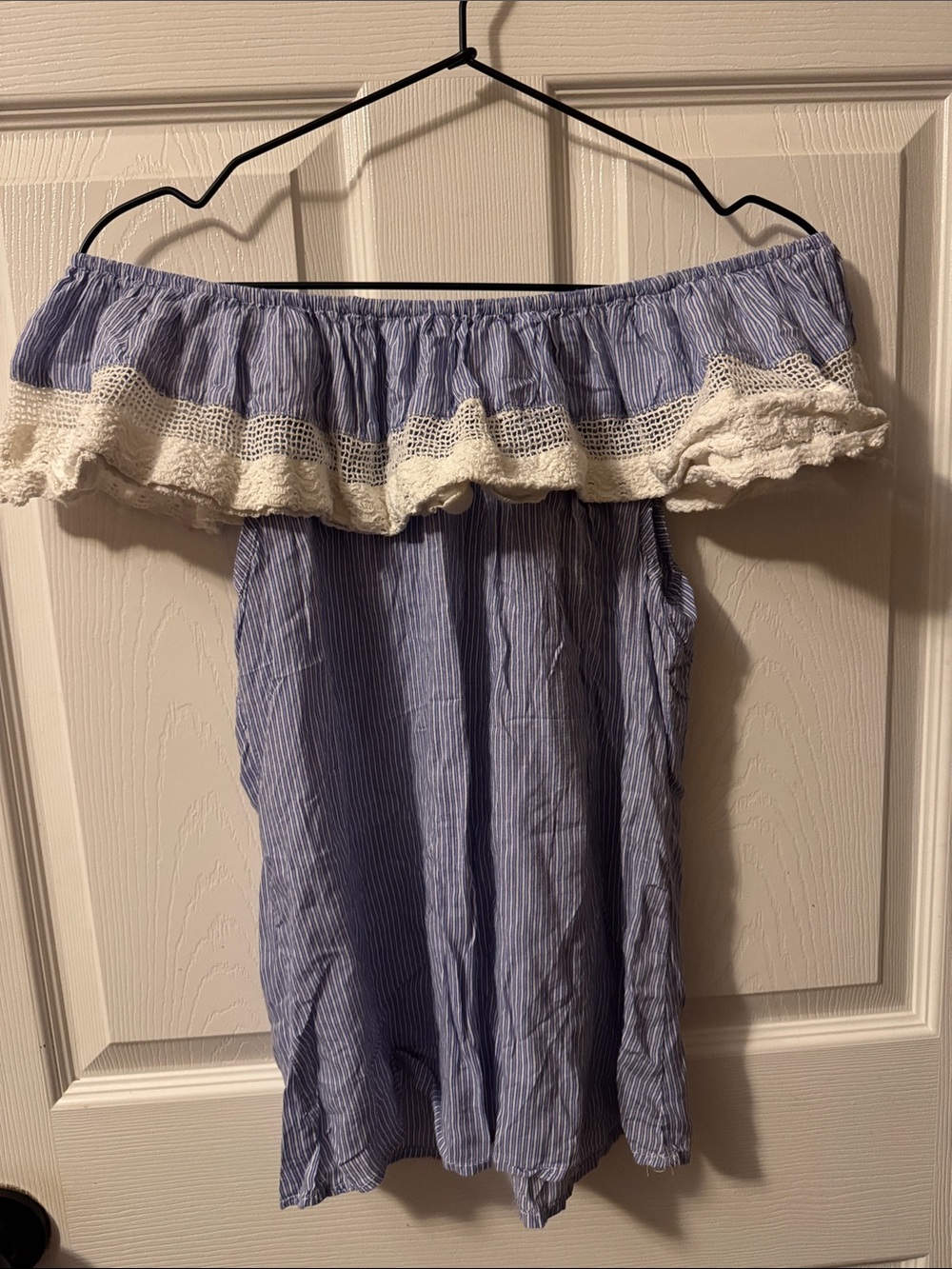 Blue & White Striped Off-Shoulder Ruffle Top